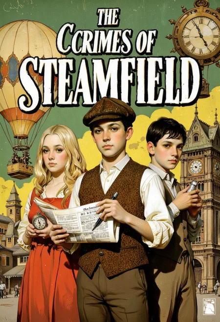 A graphic black and white comics illustration style.
A book cover, titled "The Crimes of Steamfield," created in a vintage, steampunk style. The image features three main characters, all children, dressed in period-appropriate clothing from the late 19th century. The central figure, a young boy with dark hair, is holding a newspaper and a pen, suggesting he is a reporter. He wears a brown tweed vest over a white shirt, and a flat cap with a wide brim. To his left, a young girl with long blonde hair and a red dress is standing, holding a large, ornate pocket watch. To his right, a boy with dark hair and a light-colored shirt is holding a small, round object, possibly a pocket compass or a miniature steam engine. 
The background is rich with steampunk elements, including a hot air balloon with a large, round basket and a large, ornate clock tower with a clock face. The color palette is dominated by earthy tones of brown, green, and yellow, with a sepia tint that gives the image an aged, vintage feel. The text at the top reads "Albero Rey" and "The Crimes of Steamfield" in a stylized, ornate font. The overall composition is <lora:Comic_book_opus_IV:0.2>
