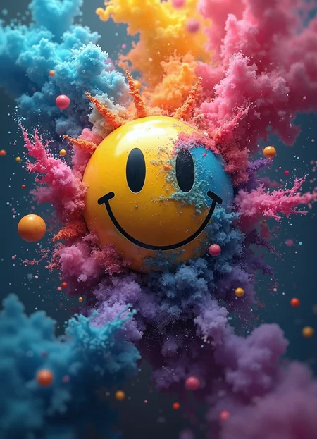 Surrealist explosion of vibrant colors centered around a cosmic smiley face. Swirling vortex of neon hues - electric blue, fuchsia, vivid yellow, and deep purple - create a psychedelic backdrop. Billowing clouds of color reminiscent of nebulae or underwater ink drops engulf the scene. The smiley face emerges from this chromatic chaos, its surface a shimmering, iridescent canvas reflecting the surrounding spectrum.   Textures range from vaporous mists to crystalline shards, with bursts of tiny geometric confetti scattering across the image. Liquid splashes and drips of saturated pigments add a sense of dynamic motion. Glowing particles and sparks dance throughout, suggesting cosmic dust or bioluminescent organisms.  The contrast between the simple, iconic smiley face and the complex, swirling environment creates a dreamlike juxtaposition. The eyes of the smiley face appear as black voids, portals into an unknown dimension amidst the riot of color.  Overall, the image evokes a sense of joyful chaos, as if witnessing the birth of a universe through a kaleidoscope of pure emotion and energy.