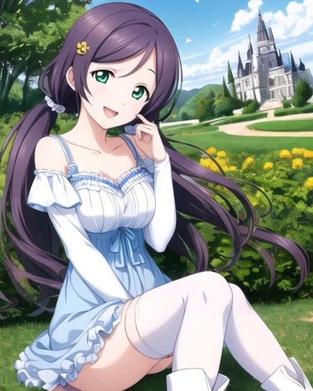 nozomi_tojo, (long_hair), long hair,1girl, solo, purple_hair, twintails, aqua_eyes, hair ornaments,((8k, RAW photo, highest quality, masterpiece), High detail RAW color photo professional close-up photo, (realistic, photo realism:1. 37), (highest quality), (best shadow), (best illustration), collarbone, ultra high resolution, highly detailed CG unified 8K wallpapers, physics-based rendering, cinematic lighting), <lora:tojo_v1:0.5>
face closeup, two hands, smile, happy, open mouth,
long sleeves, white dress, dress, thighhighs under boots, single thighhigh, bangs, boots, hair between eyes, white footwear,  white thighhighs
detailed background, outdoor,  sky, dandelion, butterflies, castle on lake