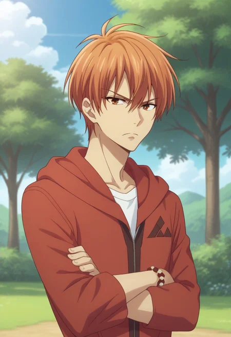score_8_up, score_7_up, source_anime, highly detailed,
kyosohma, 1boy, male focus, solo, crossed arms, hood, orange hair, upper body, hoodie, red hoodie, pants, brown pants, looking at viewer, standing, jewelry, bracelet, frown
outdoor, sky, trees,