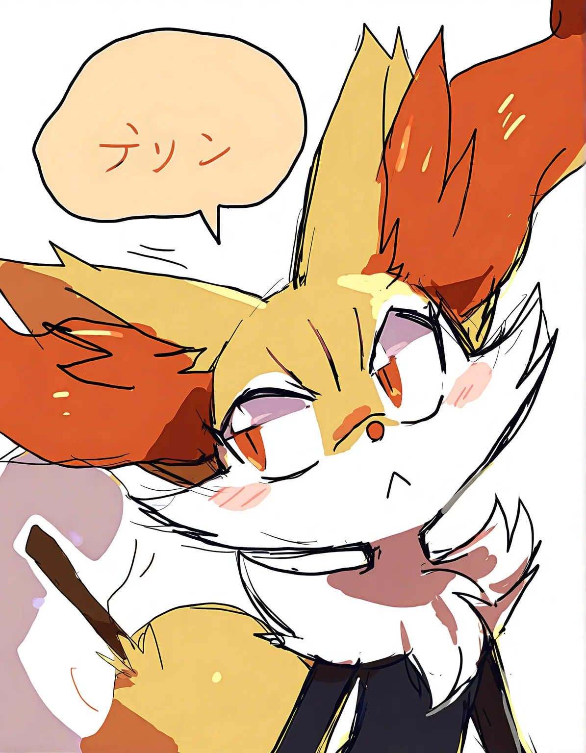 fiddleafox,
sketch, animal ear fluff, black bow, english text, bow, pokemon (creature), furry, body fur, animal ears, simple background, white background, speech bubble, tail, black fur, braixen, white fur, furry female, animal nose, yellow fur, general, closed mouth, 1girl, looking to the side, solo, hair bow, fox ears, upper body, neck fur, talking, slit pupils, motion lines, flat chest, fox girl, fox tail, :<, orange eyes, looking up, red eyes, snout
very awa, masterpiece, best quality, year 2024, newest, highres, absurdres, <lora:fiddleafox-style-noobai-vpred10:1>