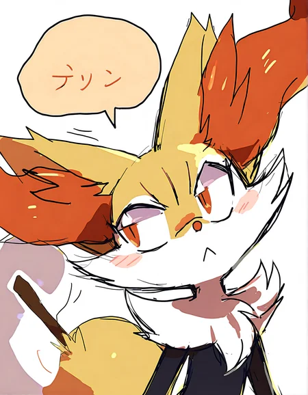 fiddleafox,
sketch, animal ear fluff, black bow, english text, bow, pokemon (creature), furry, body fur, animal ears, simple background, white background, speech bubble, tail, black fur, braixen, white fur, furry female, animal nose, yellow fur, general, closed mouth, 1girl, looking to the side, solo, hair bow, fox ears, upper body, neck fur, talking, slit pupils, motion lines, flat chest, fox girl, fox tail, :<, orange eyes, looking up, red eyes, snout
very awa, masterpiece, best quality, year 2024, newest, highres, absurdres, <lora:fiddleafox-style-noobai-vpred10:1>