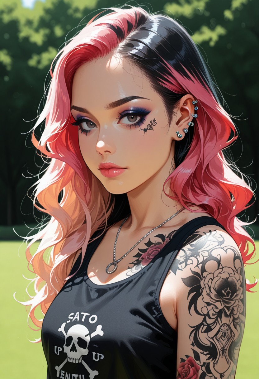 score_9,score_8_up, source_anime,1girl, day, ((long hair)), multi colored hair, alt girl, makeup,emo, emo makeup, lips, closed mouth, wavy hair, long hair, realistic,tank top,jewelry,necklace, (tattoos, piercings, septum piercing:2),earrings,posed, seductive, pink-emo, waist up portrait