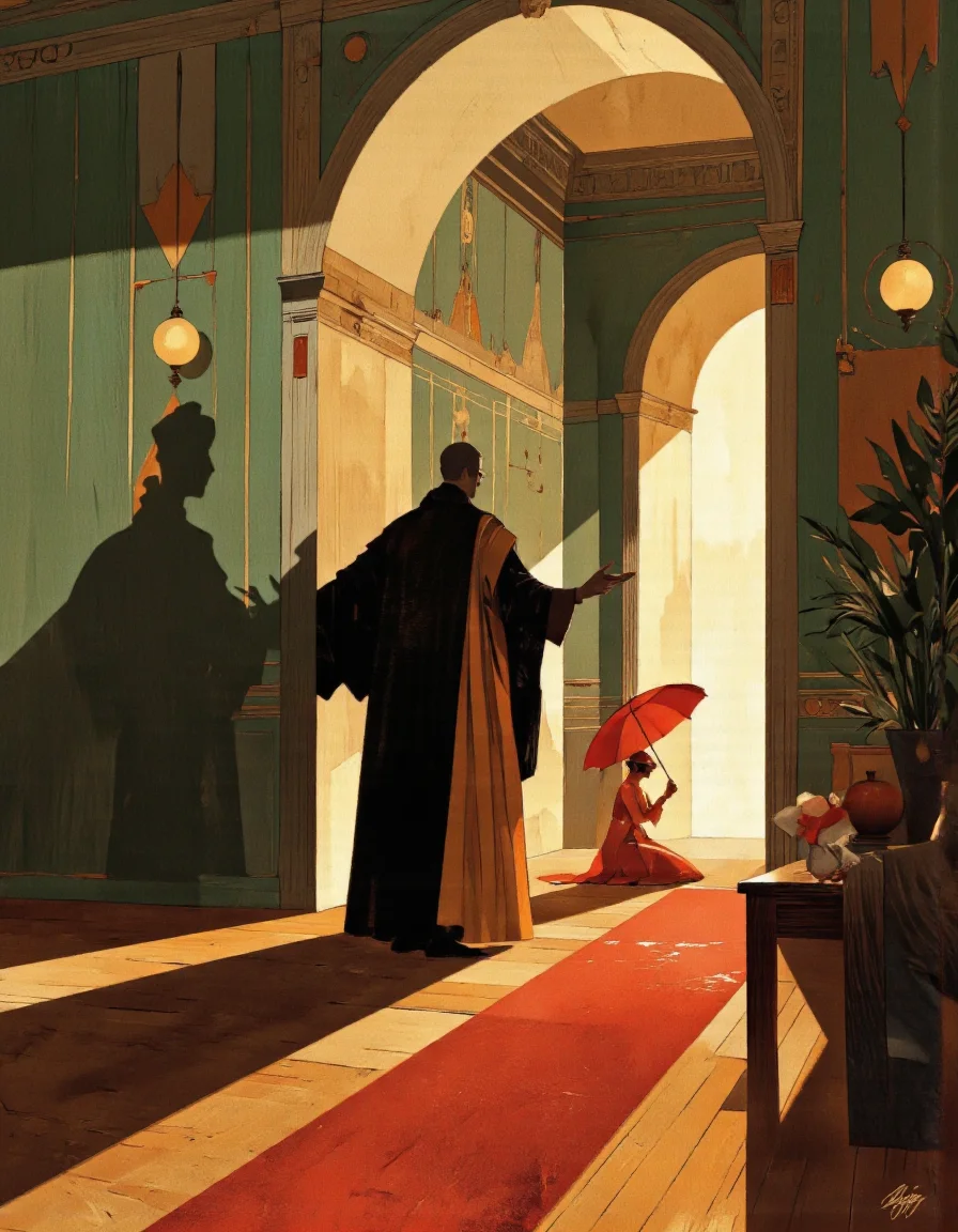 Art by Riccardo Guasco. A digital illustration shoot from a bird's eye view about a stylized illustration of two silhouettes of people in a dimly lit hallway, one standing and one kneeling on a wooden floor, with a red carpet in front of them. the scene is set in an indoor location with a large, arched doorway that casts a warm, golden light, creating a sense of depth and dimension. the hallway is decorated with geometric shapes in shades of green and beige, and there are two hanging light fixtures above the doorway. on the left side of the image, a shadow of a man in a long, flowing robe and a woman in a red dress and hat is standing, facing away from the viewer. the man in the foreground is standing with his arms outstretched, while the woman in the red dress is kneeling on the floor, holding a red umbrella. the overall style of the illustration is reminiscent of a classic movie or TV show, with bold lines and vibrant colors that bring the scene to life. the artist's signature is visible in the bottom right corner, adding a personal touch to the image.