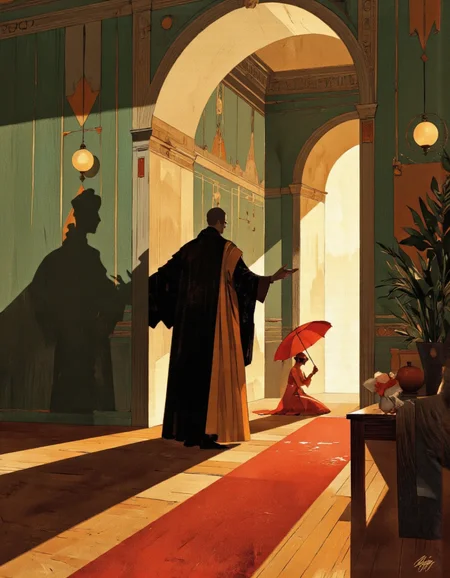 Art by Riccardo Guasco. A digital illustration shoot from a bird's eye view about a stylized illustration of two silhouettes of people in a dimly lit hallway, one standing and one kneeling on a wooden floor, with a red carpet in front of them. the scene is set in an indoor location with a large, arched doorway that casts a warm, golden light, creating a sense of depth and dimension. the hallway is decorated with geometric shapes in shades of green and beige, and there are two hanging light fixtures above the doorway. on the left side of the image, a shadow of a man in a long, flowing robe and a woman in a red dress and hat is standing, facing away from the viewer. the man in the foreground is standing with his arms outstretched, while the woman in the red dress is kneeling on the floor, holding a red umbrella. the overall style of the illustration is reminiscent of a classic movie or TV show, with bold lines and vibrant colors that bring the scene to life. the artist's signature is visible in the bottom right corner, adding a personal touch to the image.