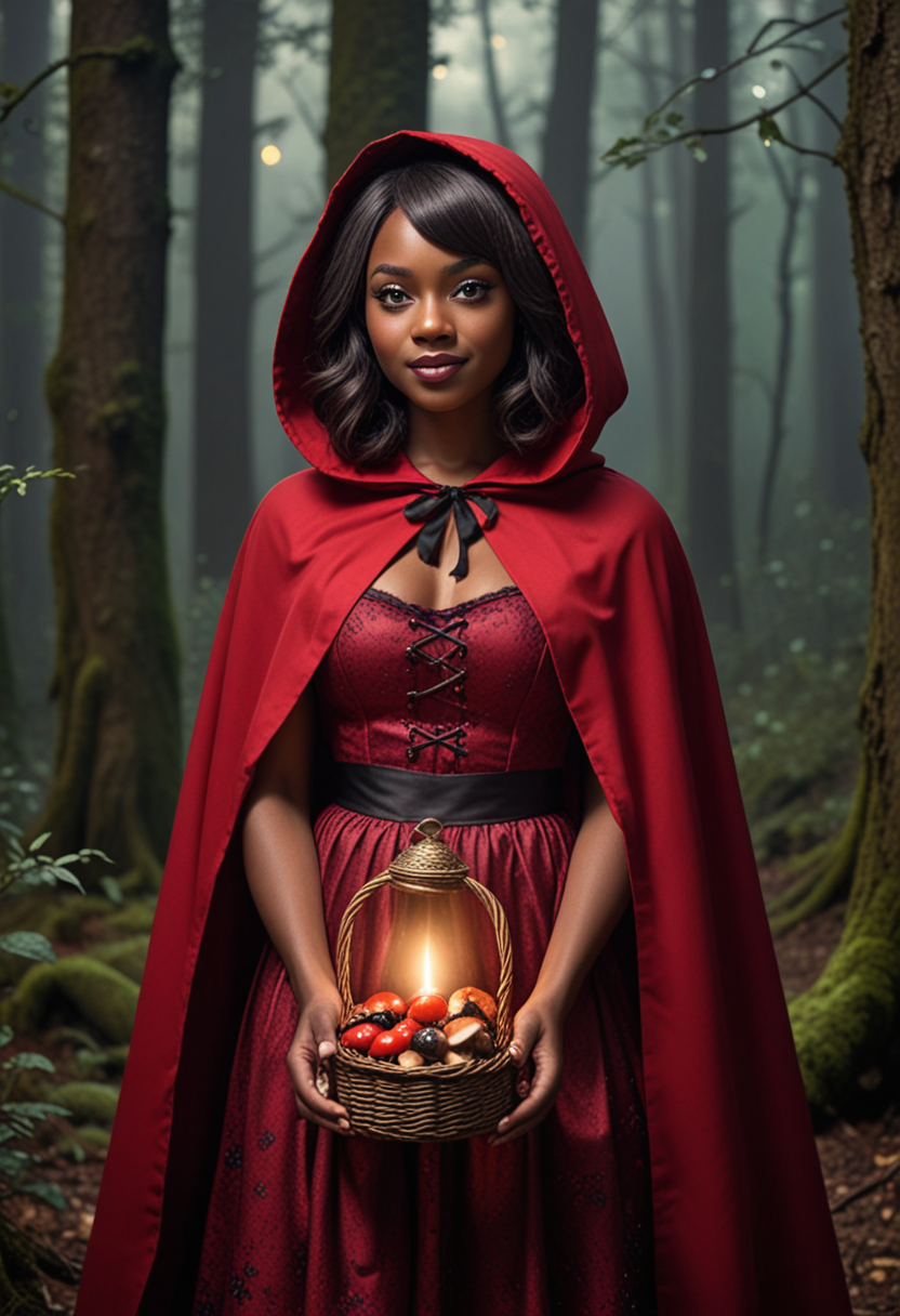 (medium full shot) of (innocent red riding hood) young woman, south african, dark skin, black eyes, curvy build, short hazel side-swept hair, wearing a dark red hooded cape, layered dress with apron , mary janes, black eyeshadow, red ribbon, set in  an enchanted woods, with glowing mushrooms, magical creatures, sparkling streams, tall ancient trees, and a mystical feel, at night, woman smiling, Masterpiece,best quality, photo, realistic, very aesthetic, detailed face,