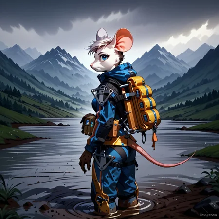 score_9, score_8_up, score_7_up, source_anime, Anthro mouse, B3ck13M0us3, standing, wearing bridgesuit, mud, raining, mountains in background, clouds, looking at viewer, backpack,