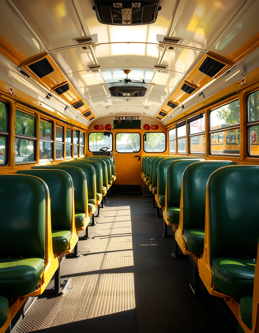 The interior of a classic yellow school bus, captured in a clean and well-maintained state. Long rows of simple green vinyl seats line both sides of a narrow aisle, slightly worn from regular use. The perspective is from the front of the bus, looking toward the back, with a clear view of the seats and the metal handrails on top of each row. Sunlight streams in through the large rectangular windows on both sides, creating soft reflections on the seats and a warm glow inside. The floor is textured black rubber, with faint signs of foot traffic. The atmosphere feels quiet and inviting, with no students present, giving a peaceful and slightly nostalgic vibe. The style is photorealistic, highlighting the details of the seat stitching, window latches, and the subtle reflections of light on surfaces. The background includes the driverâs area partially visible, with the steering wheel and dashboard controls adding to the authenticity.
<lora:SDXLFaeTastic2400:0.4> <lora:extremely_detailed:0.4> extremely detailed, <lora:sch00l_bus:1>,sch00l bus, Masterpiece,best quality,hi res,8k,hi res,8k,award winning,(sharp focus, intricate, highly detailed),