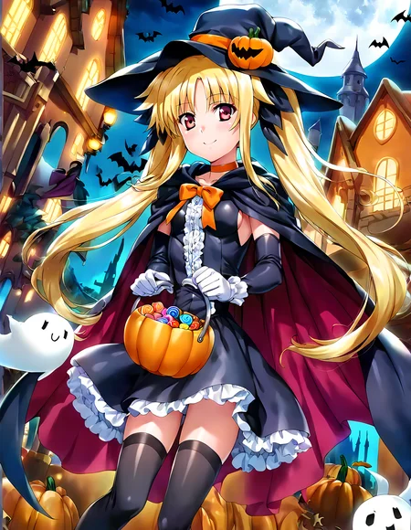 <lora:pony_xl_fate:0.8>,fate,score_9,score_8_up,score_7_up,source_anime,1girl,solo,halloween costume,halloween,trick or treat,witch,pumpkin hat,witch hat,food-themed hair ornament,pumpkin hair ornament,orange choker,cape,silk,orange ribbon,thighhighs,swirl lollipop,black legwear,jack-o'-lantern,basket,holding lantern,halloween bucket,holding vegetable,sweets,candy,candy cane,cookie,silhouette,bat,ghost,black cat,pumpkin,castle,pennant,clock tower,church,cross,graveyard,tombstone,coffin,town,gate,bare tree,spider web,night sky,full moon,moonlight,looking at viewer,smile,light_blush,