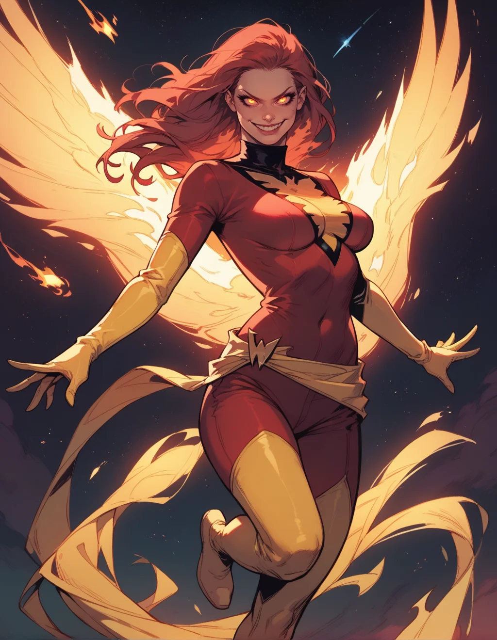 score_9, score_8_up, score_7_up, solo, 1girl, JeanGrey,red bodysuit, yellow elbow gloves, yellow thigh highs, flying, fire, evil smile, space, zPDXL, <lora:phoenix-10:1>, <lora:Sinozick_Style_XL_Pony:1>