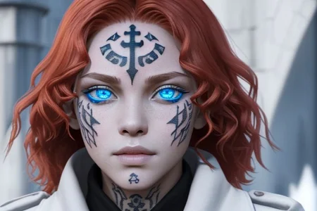 bright red hair, human female, (feminine:1.7), (beautiful face, detailed face:1.6), (beautiful eyes, detailed eyes:1.7), (looking at viewer, eye contact, intense:1.6), (long hair, red hair, curly hair:1.3), , ((masterpiece, best quality, high resolution, realistic, best quality,)), photo realistic, Perfect Face, (detailed face). <lora:GoodHands-vanilla:0.6> <lora:add-detail-xl:0.8>, mage, (Dress White military uniform coat), dagger, rune dagger, glowing runes, , (((glowing magic symbols tattoos, religious tattoos))), ((face tattoos)), glowing tattoos, stone tower in the background