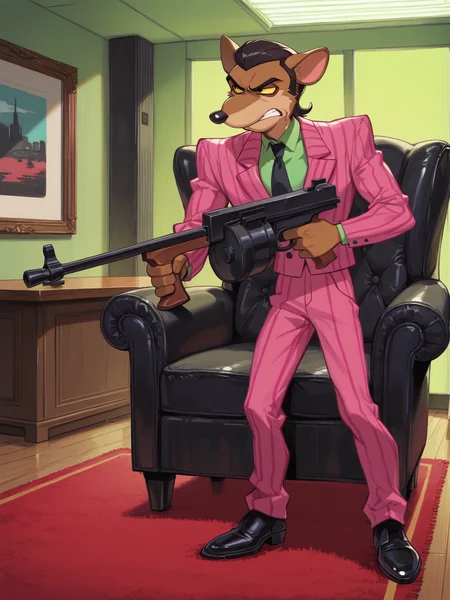 score_9, score_8_up, score_7_up, Masterpiece, Best Quality, high quality cg, masterpiece, best quality, solo, 1boy, furry male, Pinstripe Potoroo, brown fur, slicked back black hair, yellow sclera, black eyes, pink pinstripe suit, pink jacket, green shirt, black tie, pink pants, black shoes, male focus, dynamic pose dramatic pose, holding thompson submachine gun, annoyed, standing tall, knocked over furniture, office room, intimidating, wood flooring, neon green window in background, large painting, black luxury leather chair, wooden desk, green lighting, skylight, red persian rug, science fiction, <lora:Pinstripe_Potoroo-000049:0.9>,