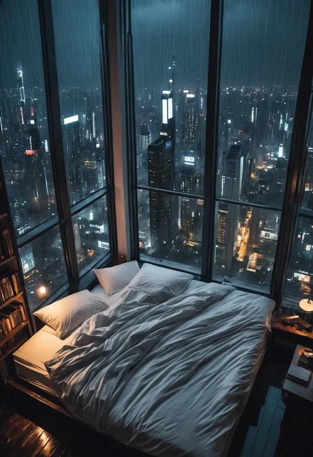 moody aesthetic, beautiful cozy, cramped bedroom with floor to ceiling glass windows overlooking a cyberpunk city at night, view from top of skyscraper, white bedsheets, bookshelves, thunderstorm outside with torrential rain, detailed, high resolution, photorrealistic, dark, gloomy,