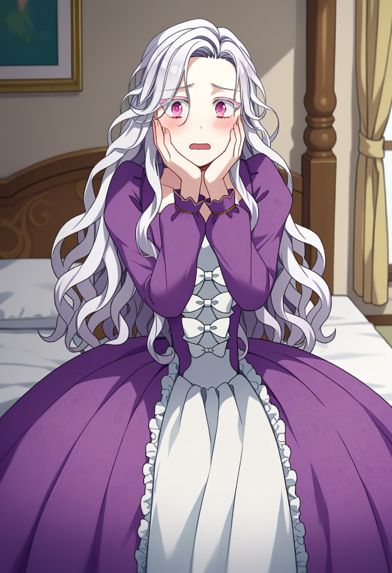 score_9, score_8_up, score_7_up, source_anime, 
BREAK
1girl, solo, <lora:shiAbiMomV1:0.9>,
shiabidef, vnstyle,
white hair, pink eyes, long hair, wavy hair, very long hair, colored eyelashes, 
frilled dress, purple dress, long sleeves, frills, long dress, puffy sleeves, white bow, white dress, 
looking at viewer, open mouth, shy, blush, 
hand on own face, 
indoors, bed, stretching,