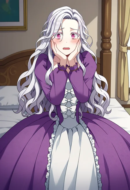 score_9, score_8_up, score_7_up, source_anime,
BREAK
1girl, solo, <lora:shiAbiMomV1:0.9>,
shiabidef, vnstyle,
white hair, pink eyes, long hair, wavy hair, very long hair, colored eyelashes,
frilled dress, purple dress, long sleeves, frills, long dress, puffy sleeves, white bow, white dress,
looking at viewer, open mouth, shy, blush,
hand on own face,
indoors, bed, stretching,