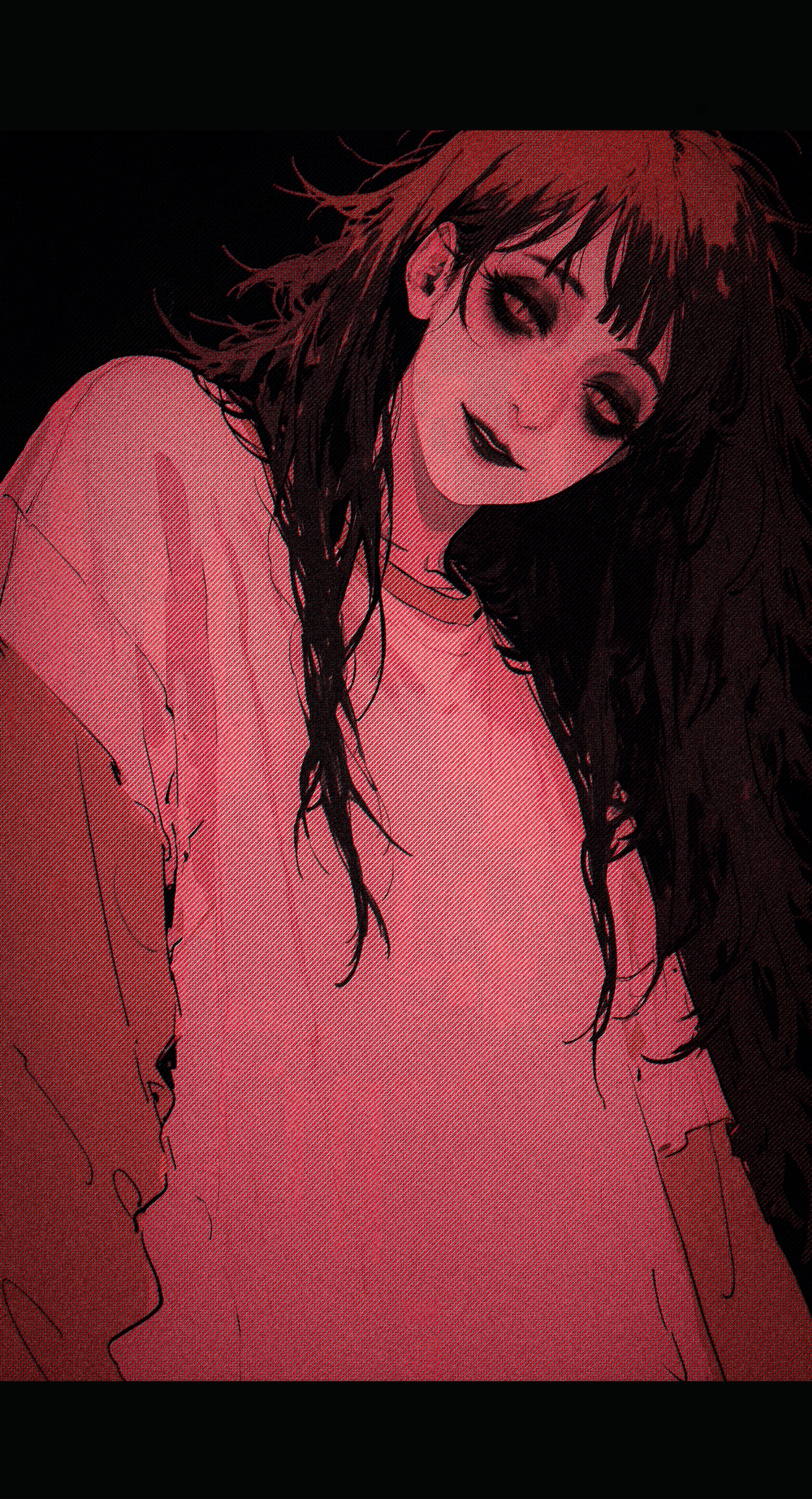 (justsomenoob:1.2),  photorealistic unfinished sketch, (safe:1.2), messy hair, straight hair, long hair, 
1girl, solo, head tilt, close-up, smile, (half-closed eyes:1.2), (slit pupils:1.1), black lips, nose, bags under eyes, black eyeshadow, thick eyelashes, looking down, looking at viewer, from below,  yandere,  (profile:1.2),
black hair, 
black background, 
red theme, white theme, limited palette, 
<lora:bemen:0.8>
<lora:nhl-004:0.8> nhl-004, <lora:nhl-001-20:0.3> nhl-001, <lora:tenebriflora-wai:0.5> tfaix,