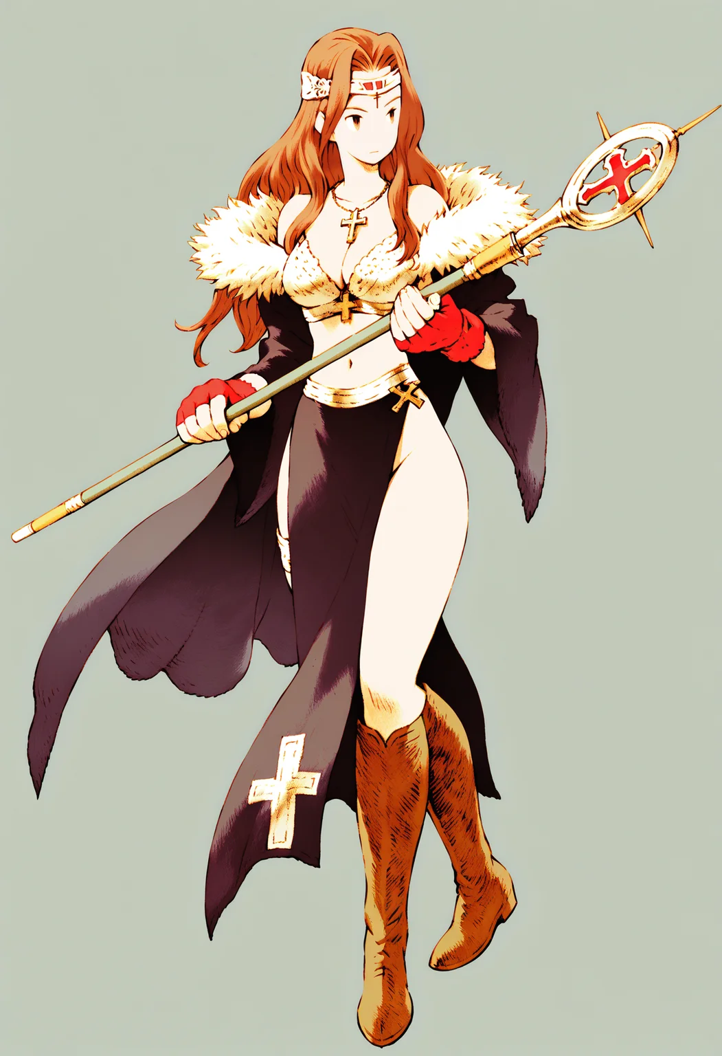 best quality, amazing quality, very aesthetic, absurdres, yoshida akihiko, BREAK
1girl, necklace, cross, staff, cleavage, circlet, brown hair, long hair, fur trim, knee boots, fingerless gloves,
full body, solo, standing, white background, simple background, <lora:AkihikoYoshidaNoobLocon_byKonan:1>