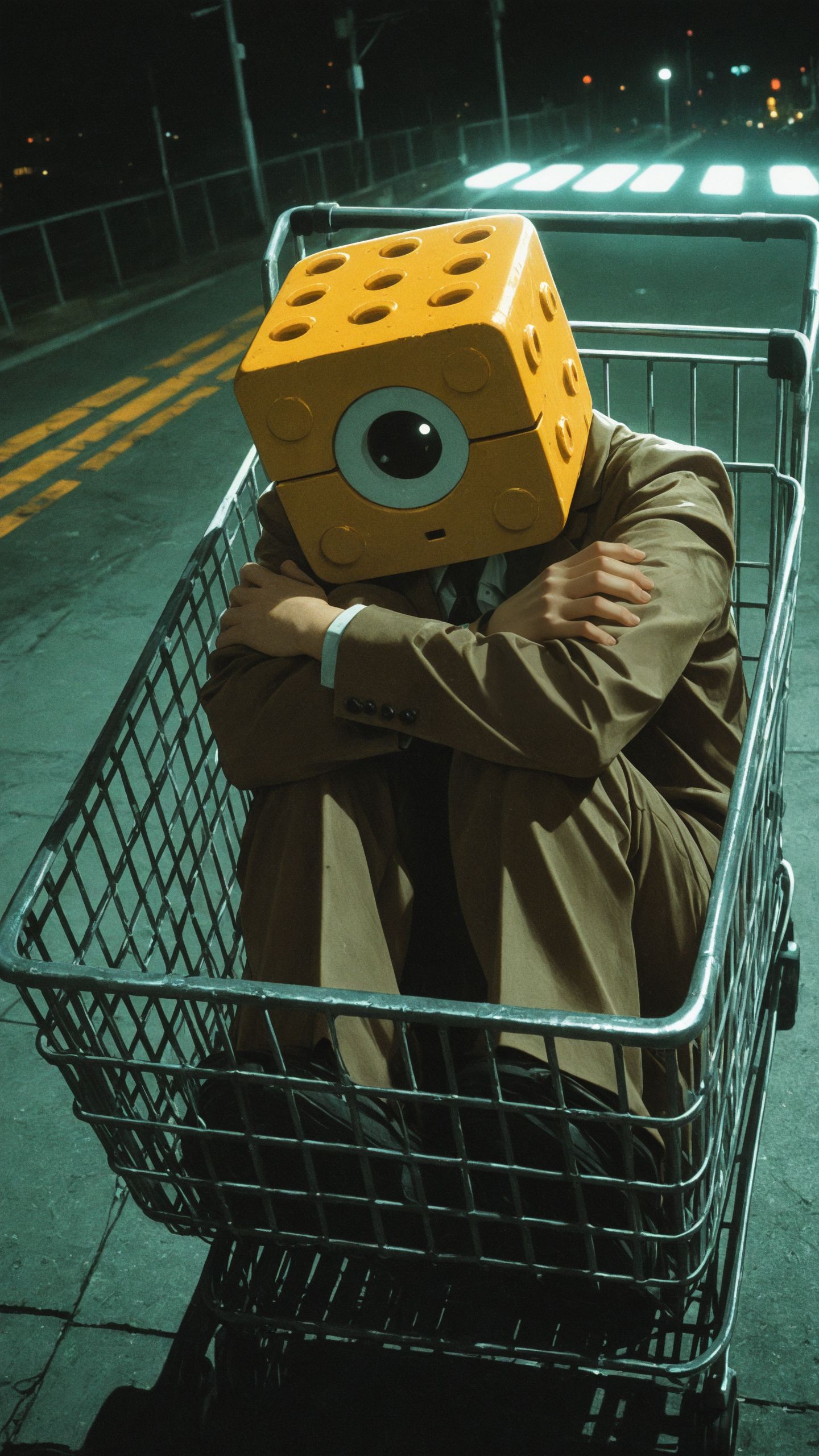 <lora:add-detail-xl:1>,
masterpiece,best quality, incredibly absurdes,
A person with lego head, yellow head, dressed in a vintage brown suit, sitting curled up inside a shopping cart, night sky, night,  urban street, dimly lit, very dim lighting, eerie nostalgic atmosphere, analog horror aesthetic, grainy photography, surreal, absurd composition, unsettling, humorous tone, moody lighting, liminal space vibes