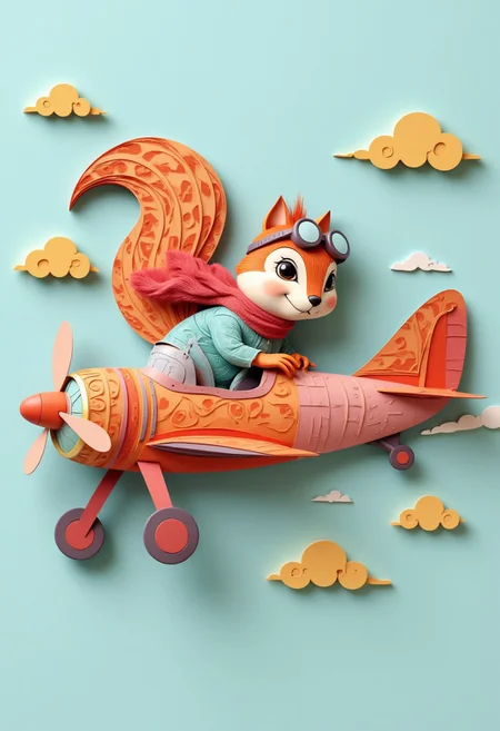 paper quilling, layered paper, artwork of a squirrel flying a vintage airplane through a cloudy sky, with goggles and a scarf, capturing the adventurous and playful spirit of flight.