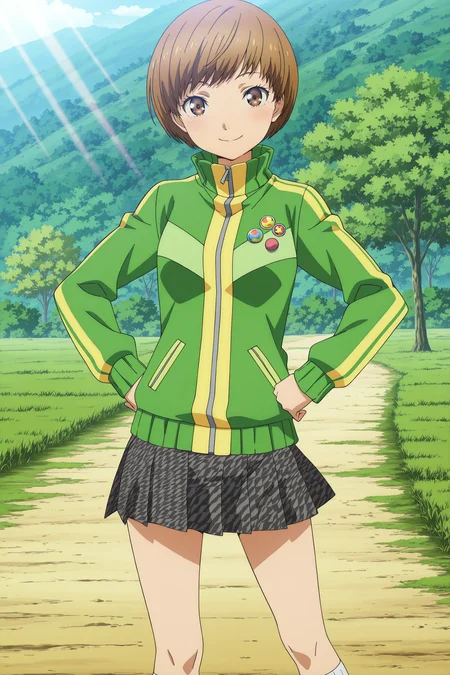 anime screencap, anime coloring, detailed face, masterpiece, best quality, very aesthetic, absurdres, volumetric lighting, official style, amazing quality, ultra detailed, highres, amazing quality, scenery, beautiful detailed hair, beautiful detailed eyes,
<lora:StS-Illustrious-Detail-Slider-v1.0:4>
girl is 18 years old,
outdoors,
<lora:Chie_Satonaka_and_Yukiko_Amagi_Persona_4:1>
1girl, satonaka chie, solo, brown hair, track jacket, skirt, short hair, jacket, brown eyes, hands on own hips, standing, socks, button badge, cowboy shot, smile