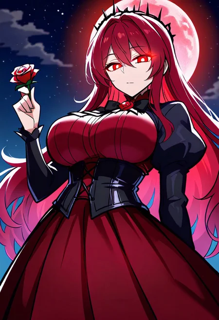 safe_pos, score_9, score_8_up, score_7_up, score_6_up, score_5_up, score_4_up, masterpiece, perfect face, perfect eyes, 
night sky, blood moon, 

1girl, solo, mature woman,
white pupils, red eyes, glowing eyes, 
long hair, (red hair:1.6), hair intakes, hair between eyes,
crown of thorns, black thorns,

pointing, rose in hand,

formal, red dress, collared dress:1.5, high collar dress, 
black shrug, long sleeves, (puffy sleeves:1.3),
black corset, frilly corset,
black bowtie, rose brooch, rose ornaments,

large breasts, covered breasts,
expressionless, side view, from below, female focus, looking at viewer, 