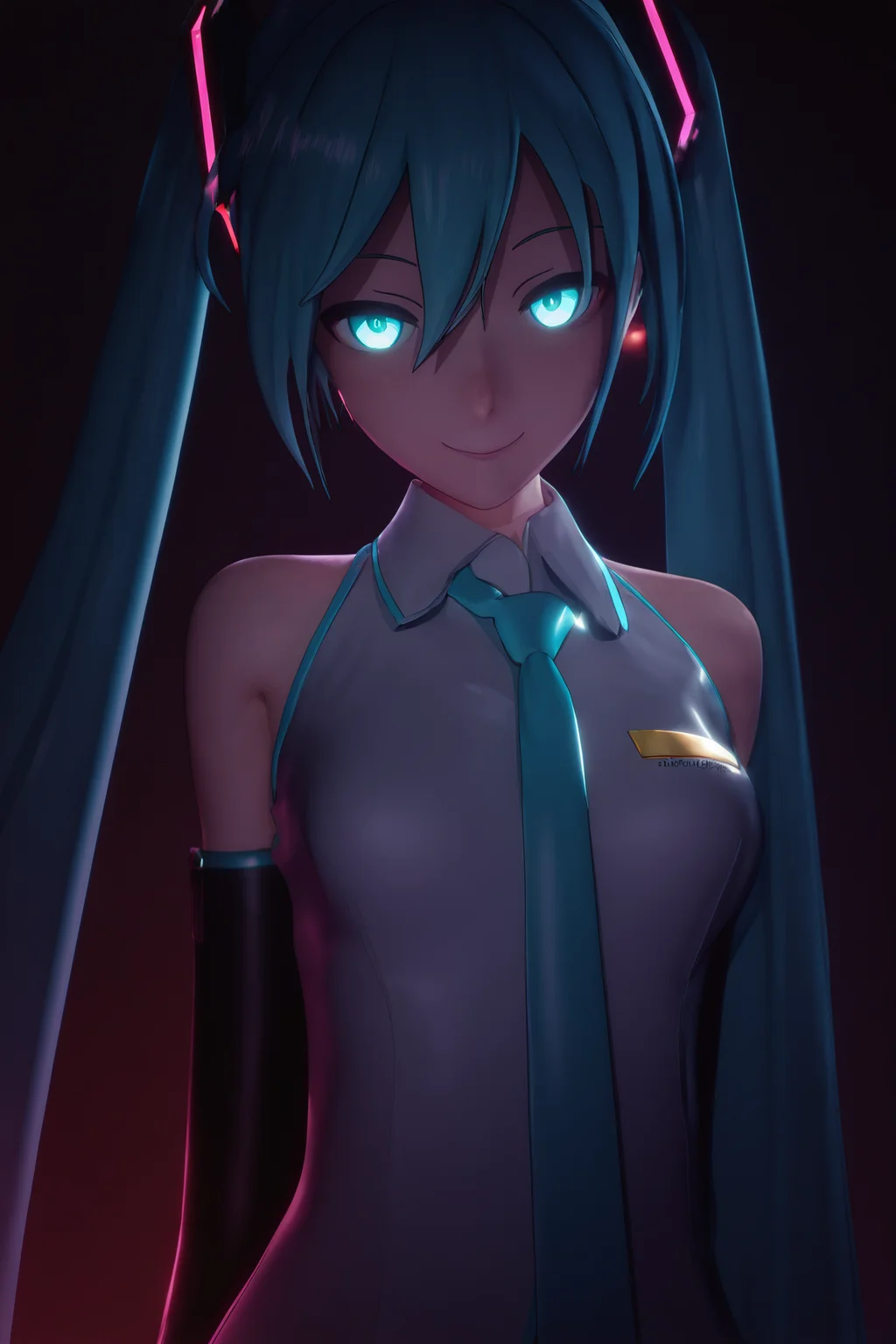 masterpiece, best quality, newest, absurdres, highres, hatsune miku, detached sleeves, sleeveless shirt, smile, looking at viewer, dark, glowing eyes, <lora:Aequd_Style_IL:1>