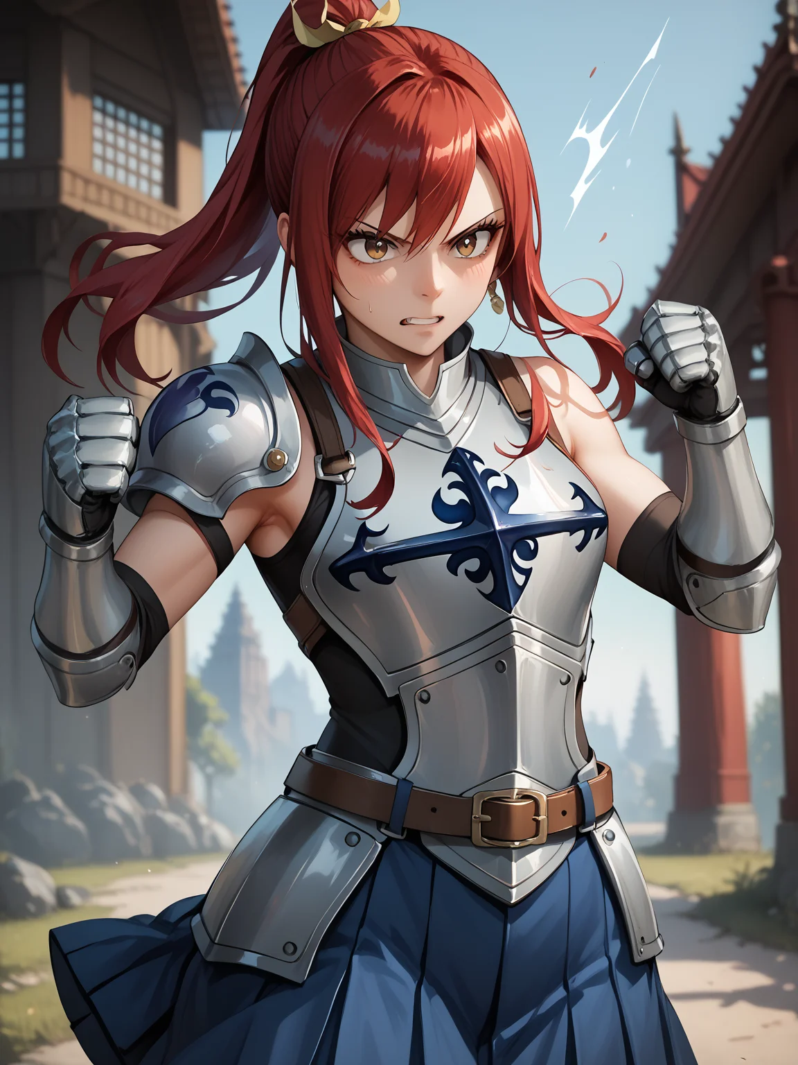 score_9, score_8_up, score_7_up, score_6_up, score_5_up, score_4_up, source_anime, detailed eyes, beautiful eyes, <lora:PONYXL_FD-MegaBreastPack:0.7> <lora:Erza_Scarlet_V2_r1:1> ErzaScarlet, red hair, long hair, very long hair, hair over eye, brown eyes, sanpaku eyes, arm tattoo, blue tattoo, ArmoredClothes, armor, shoulder armor, gauntlets, breastplate, armored dress, belt, pleated skirt, blue skirt, punching, threatening pose, airborne,