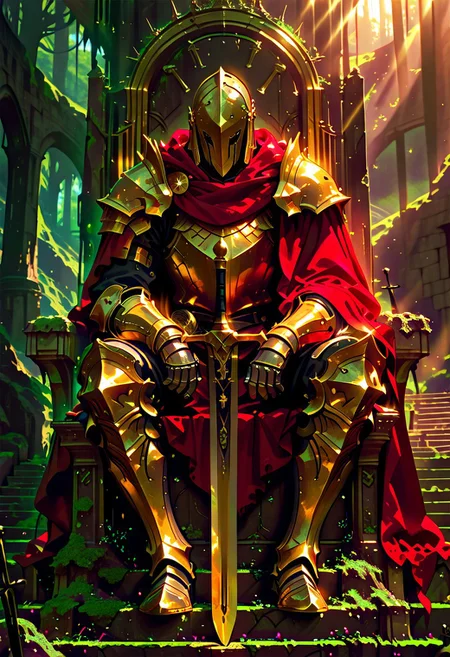 masterpiece, best quality, good quality, very awa, newest, highres, absurdres, solo, 1boy, sitting, male focus, weapon, outdoors, sword, cape, armor, sunlight, helmet, shoulder armor, gauntlets, scenery, pauldrons, shield, breastplate, light rays, stairs, red cape, armored boots, greaves, planted, knight, full armor, throne, planted sword, moss, gold armor, limited palette, h4ra_illu