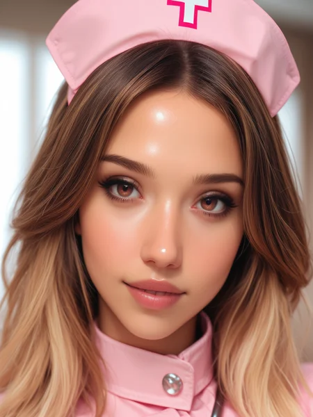 masterpiece, best quality, very aesthetic, dynamic lighting, realistic, 1 woman, solo, cinematic, <lora:JAlbDS:1> JAlbDS, brown hair, blonde streaks, brown eyes, looking at viewer, <lora:MoriiMee_Gothic_Niji_Style_Illustrious_r1:0.5> <lora:Beautiful_Girls_V4:0.5>, pink nurse, very expressive, suggestive, upper body