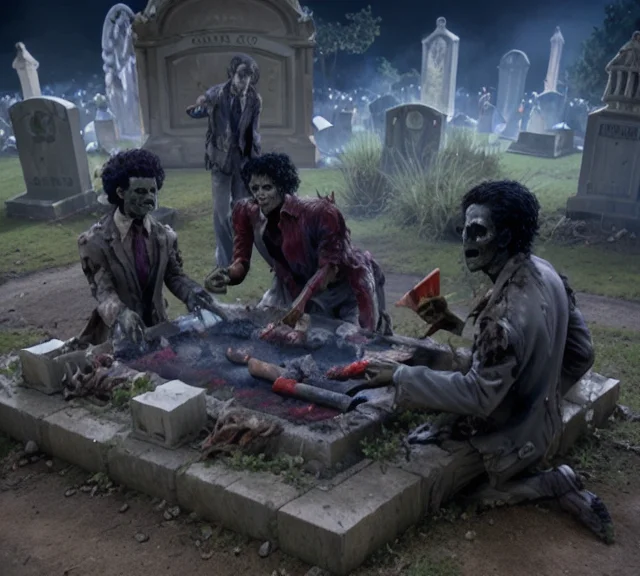 mjthriller zombies having a barbecue in the grave yard, intricate detail, detailed face, very sharp, high quality, (still from an action movie)  <lora:hjmjthriller_v10:0.8>
