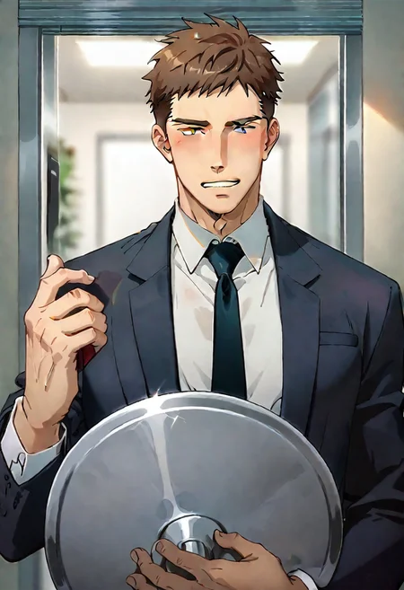 (score_9, score_8_up, score_7_up), ((source anime, best quality, best aesthetic, perfect anatomy, Gold Ratio, Art Composition, zPDXLxxx)), 1boy, doumeki, male_focus, handsome detailed face, black eyes, collared shirt, blazer, necktie, solo, modern office, portrait, (((Happy, Soft illuminaotion, zoomed out, Grabbing, Hiding, holding_tray))), <lora:aesthetic_anime_v1s:1>, <lora:Smooth Anime 2 Style SDXL_LoRA_Pony Diffusion V6 XL:1>, <lora:Doumeki:0.8>