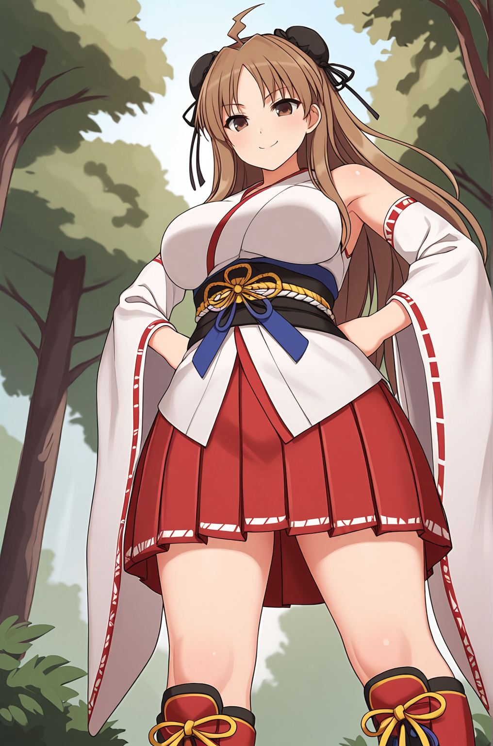 anime artwork, score_9, score_8_up, score_7_up, source_anime, BREAK, thick outline, fat outline,
Renka_XL, brown eyes, long brown hair, ahoge, double bun, bun cover, hair ribbon, large breasts, BREAK, Renka_Shrine, shrine clothes, japanese clothes, miko clothes, white kimono up, bare shoulders, long sleeves, wide sleeves, obi, sash, hakama skirt, (red skirt:1.3), red boots, BREAK, forest, (from below:1.2), 
<lora:Renka_XL:0.7>
<lora:PersonalAmi_PonyXL:1>