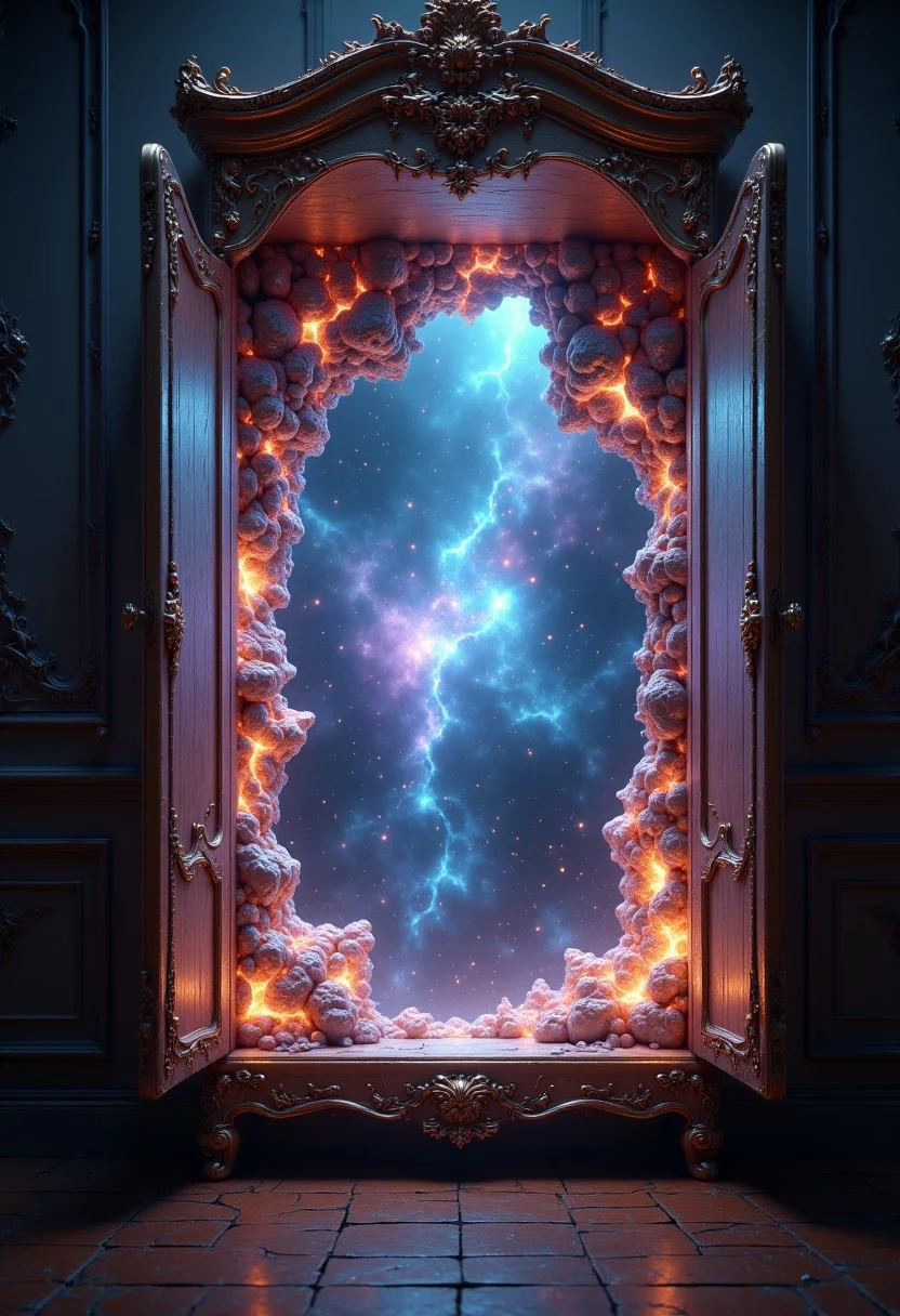 A cinematic shot of an open wardrobe with its back wall breaking apart, revealing cracks that expose a vast, swirling galaxy and multiple universes beyond. The wardrobe is situated in a dimly lit room, the wood grain worn and slightly aged. Through the glowing galaxy cracks in the wardrobe's back, ethereal light pours in from the distant stars, nebulae, and cosmic structures. The galaxies shine with vivid colors, deep purples, glowing blues, and radiant golds, creating a stark contrast against the ordinary, muted tones of the wardrobe and room. Wisps of cosmic dust drift from the fractures, blurring the boundary between the mundane and the extraordinary. The shot captures the moment of transition, as if reality itself is tearing open.