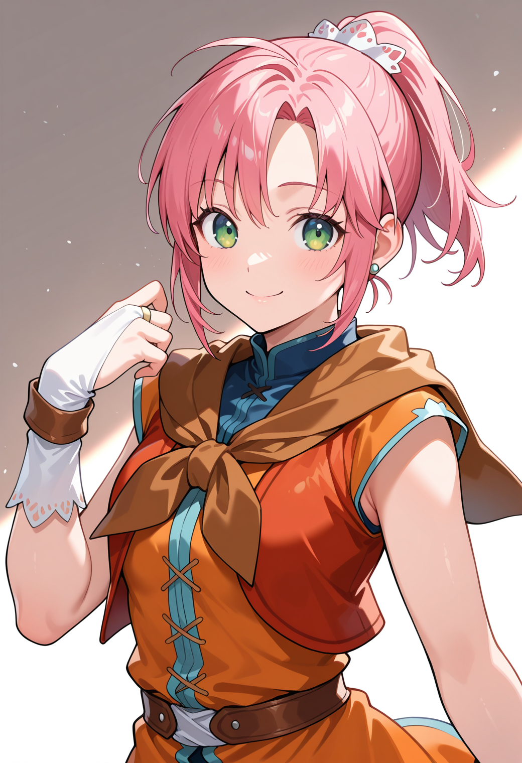 masterpiece, best quality, very aesthetic, absurdres, 1girl, solo,
<lora:loh5_una_v01:0.9>, loh5_una, pink hair, short hair, ponytail, green eyes,
hair ornament, earrings, brown neckerchief, red vest, blue shirt, orange short dress, bridal gauntlets, belt, smile, posing, upper body,