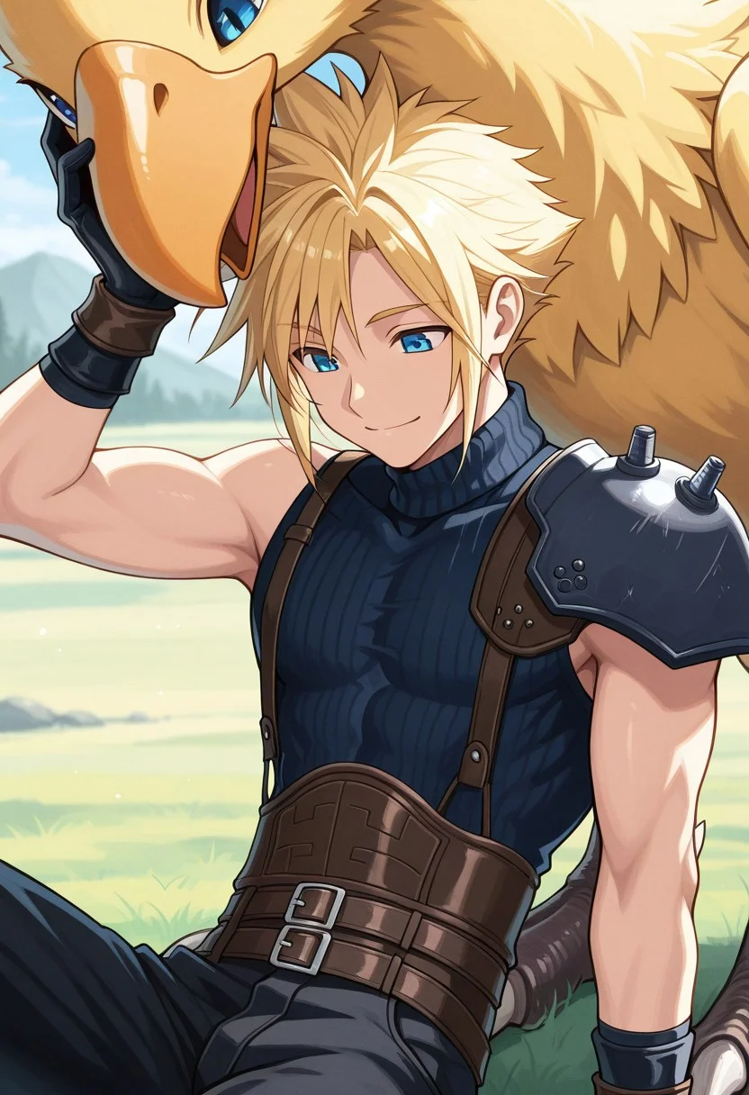masterpiece,best quality,amazing quality, source_anime,
SoutouKumo, 1boy, male focus, solo, blue eyes, blonde hair, spiked hair, shoulder armor, single bare shoulder, sleeveless turtleneck, gloves, multiple belts, black pants, outdoor, petting chocobo, smile, toned male,