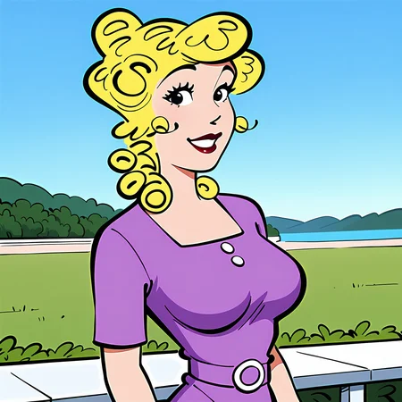 absurdres, 8k, high resolution, masterpiece, best quality, absolutely fantastic art, amazing quality, very aesthetic, 1girl, solo, <lora:Blondie_Bumstead:.8>, bl0ndie, looking at viewer, lipstick, smiling, black eyes, sky, outdoors, dress