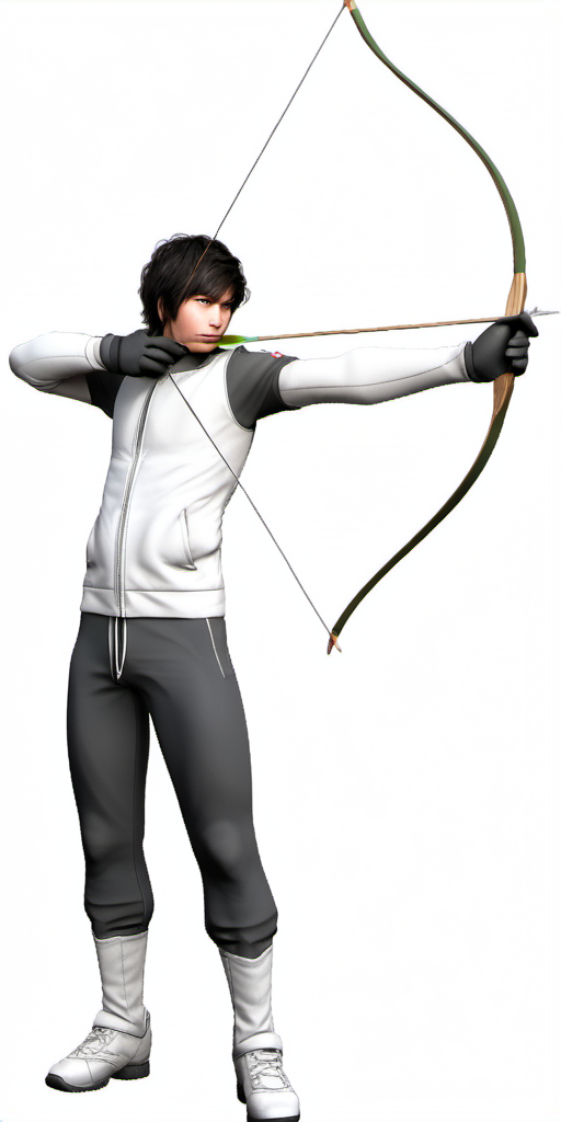 long bow, solo, short hair, simple background, black hair, long sleeves, 1boy, white background, holding, full body, weapon, male focus, shoes, pants, hood, holding weapon, hoodie, black pants, white footwear, sneakers, bow \(weapon\), arrow \(projectile\), holding bow \(weapon\), aiming, holding arrow, drawing bow in the style of <lora:bow01_xl:1>