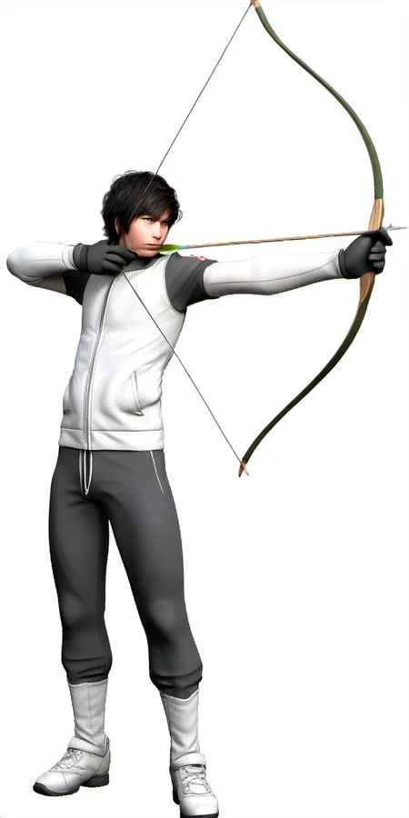 long bow, solo, short hair, simple background, black hair, long sleeves, 1boy, white background, holding, full body, weapon, male focus, shoes, pants, hood, holding weapon, hoodie, black pants, white footwear, sneakers, bow \(weapon\), arrow \(projectile\), holding bow \(weapon\), aiming, holding arrow, drawing bow in the style of <lora:bow01_xl:1>