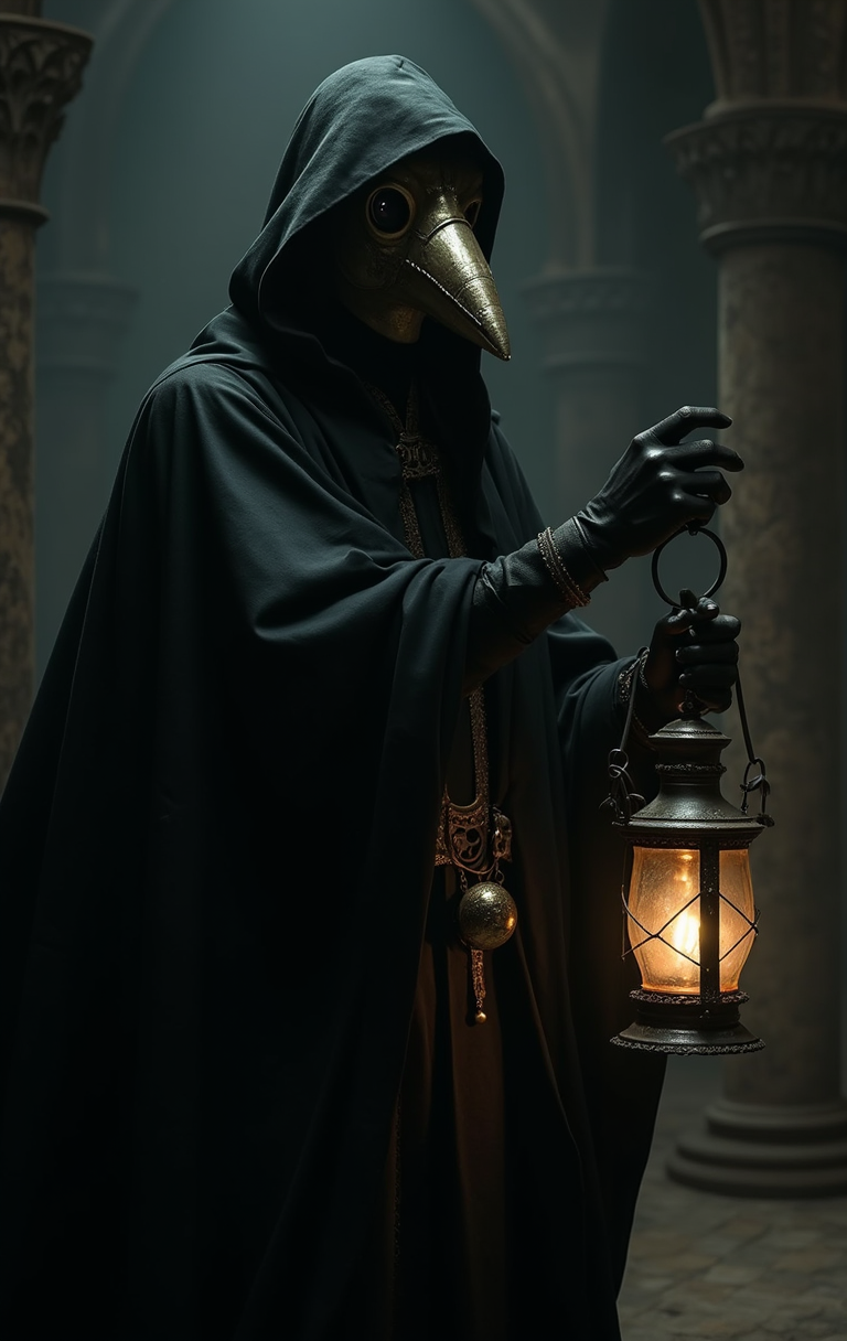 medieval European plague doctor, beaked mask, black robe, background of a dark dungeon, holding a lantern in hand, light from lantern beams on mask, mysterious, spooky, scare, dark fantasy style, inspired by Hieronymus Bosch, eerie atmosphere, detailed, dramatic lighting, shadows, gothic, sinister, unsettling, intricate textures, historical, haunting, grim, intense contrast, atmospheric, expressive, macabre, nightmarish, medieval architecture, unsettling beauty, evocative, immersive,