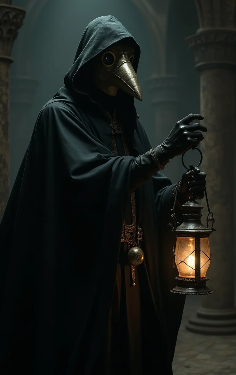 medieval European plague doctor, beaked mask, black robe, background of a dark dungeon, holding a lantern in hand, light from lantern beams on mask, mysterious, spooky, scare, dark fantasy style, inspired by Hieronymus Bosch, eerie atmosphere, detailed, dramatic lighting, shadows, gothic, sinister, unsettling, intricate textures, historical, haunting, grim, intense contrast, atmospheric, expressive, macabre, nightmarish, medieval architecture, unsettling beauty, evocative, immersive,