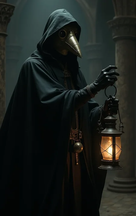 medieval European plague doctor, beaked mask, black robe, background of a dark dungeon, holding a lantern in hand, light from lantern beams on mask, mysterious, spooky, scare, dark fantasy style, inspired by Hieronymus Bosch, eerie atmosphere, detailed, dramatic lighting, shadows, gothic, sinister, unsettling, intricate textures, historical, haunting, grim, intense contrast, atmospheric, expressive, macabre, nightmarish, medieval architecture, unsettling beauty, evocative, immersive,