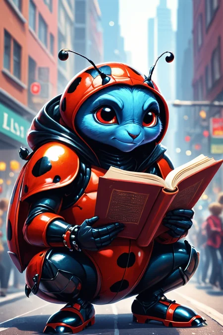 Detailed digital illustration of an anthro Ladybug (Reading a book, absorbed in intellect) at a Holographic news feeds in crowded streets, <lora:xl_more_art-full_v1:0.5>,  <lora:anthro_muscular:0.7> , <lora:madpunk:0.4> madpunk