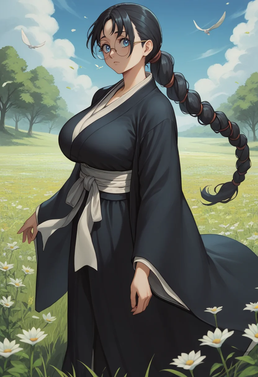score_9, score_8_up, score_7_up, BREAK 1girl, looking at viewer, cowboy shot,
<lora:BatsuunsaiKatoriDwnsty:1>, batsuunsai, black hair, low ponytail, braided ponytail, long hair, blue eyes, black kimono, white haori, white sash, wide sleeves, round eyewear,
large breasts, skindentation,
outdoors, grass, flower field, medieval, wind, blue sky, tree,