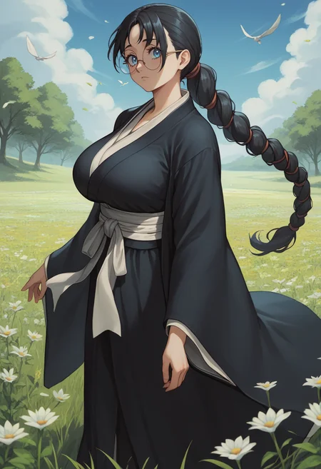 score_9, score_8_up, score_7_up, BREAK 1girl, looking at viewer, cowboy shot,
<lora:BatsuunsaiKatoriDwnsty:1>, batsuunsai, black hair, low ponytail, braided ponytail, long hair, blue eyes, black kimono, white haori, white sash, wide sleeves, round eyewear,
large breasts, skindentation,
outdoors, grass, flower field, medieval, wind, blue sky, tree,
