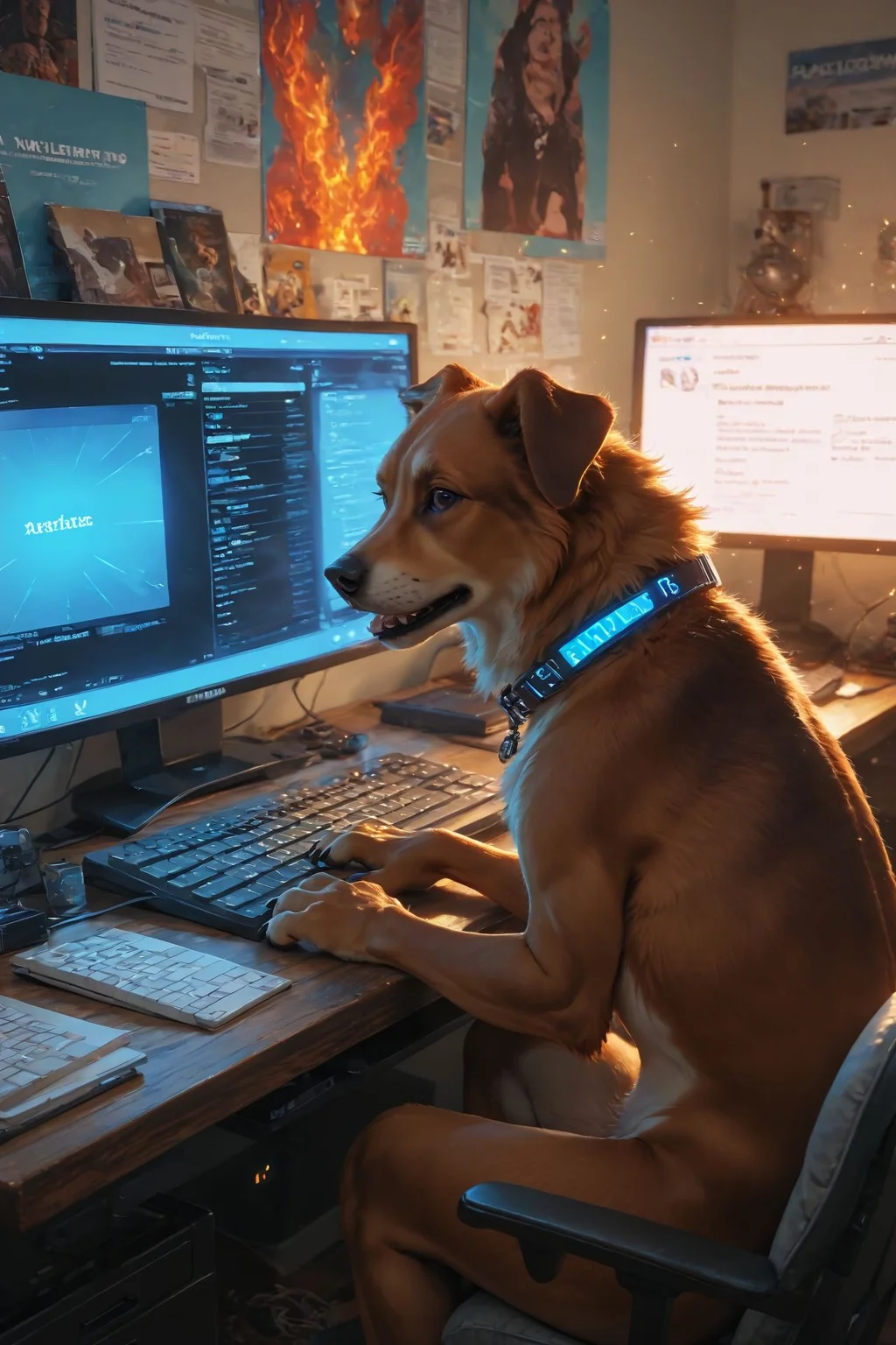 looking at viewer,detailed background,Cinematic Lighting,film grain,score_9,score_8_up,score_7_up,masterpiece,best quality,highly detailed,
<lora:(增强)sdxl_lightning_8step_lora:1>,<lora:glowneon_xl_v1:1>,glowing,<lora:Expressive_H:0.8>,Expressiveh,<lora:th3rm4lXLP:0.4>,th3rm4l,colorful,
realistic,computer,no humans,keyboard (computer),monitor,english text,dog,fire,speech bubble,animal,indoors,keyboard \(computer\),