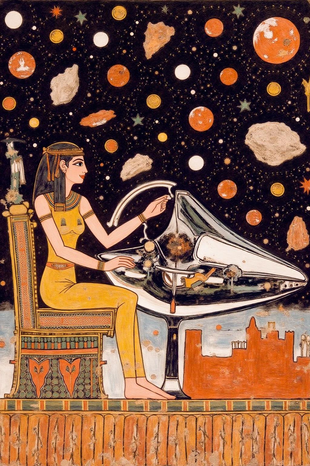 egyptian painting
A woman wearing a futuristic yet retro uniform, confidently steers her gleaming chrome spacecraft through a dense field of asteroids  <lora:egypt1_cap_d6a3:1.0><lora:829973739853760381:0>