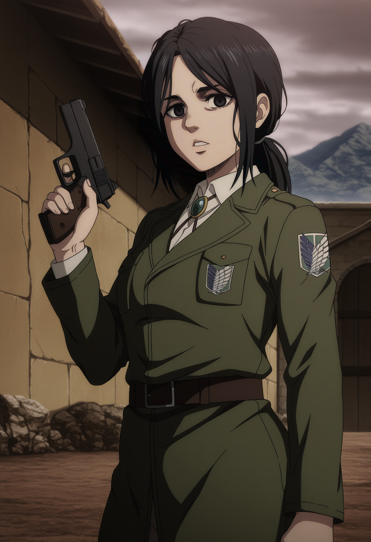 1girl,solo,mm,mature female,black hair,long hair,black eyes,anime coloring,
paradis military uniform,brooch,ponytail, looking at viewer, holding weapon,handgun, parted lips, outdoors,cowboy shot, 
,masterpiece,best quality,amazing quality,<lora:Pieck_Finger-Shingeki_no_Kyojin-The_Final_Season:0.8>