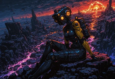masterpiece, best quality, amazing quality, high resolution, aesthetic, 1girl, robot girl, (yellow body:1.2), muscular, (unusual robot head:1.7) with orange headlamp, sci-fi landscape, lava planet, thigh pouch, radio belt, tall backpack, sitting on rocky shelf in distance, dangerous, purple lava, DRKWB