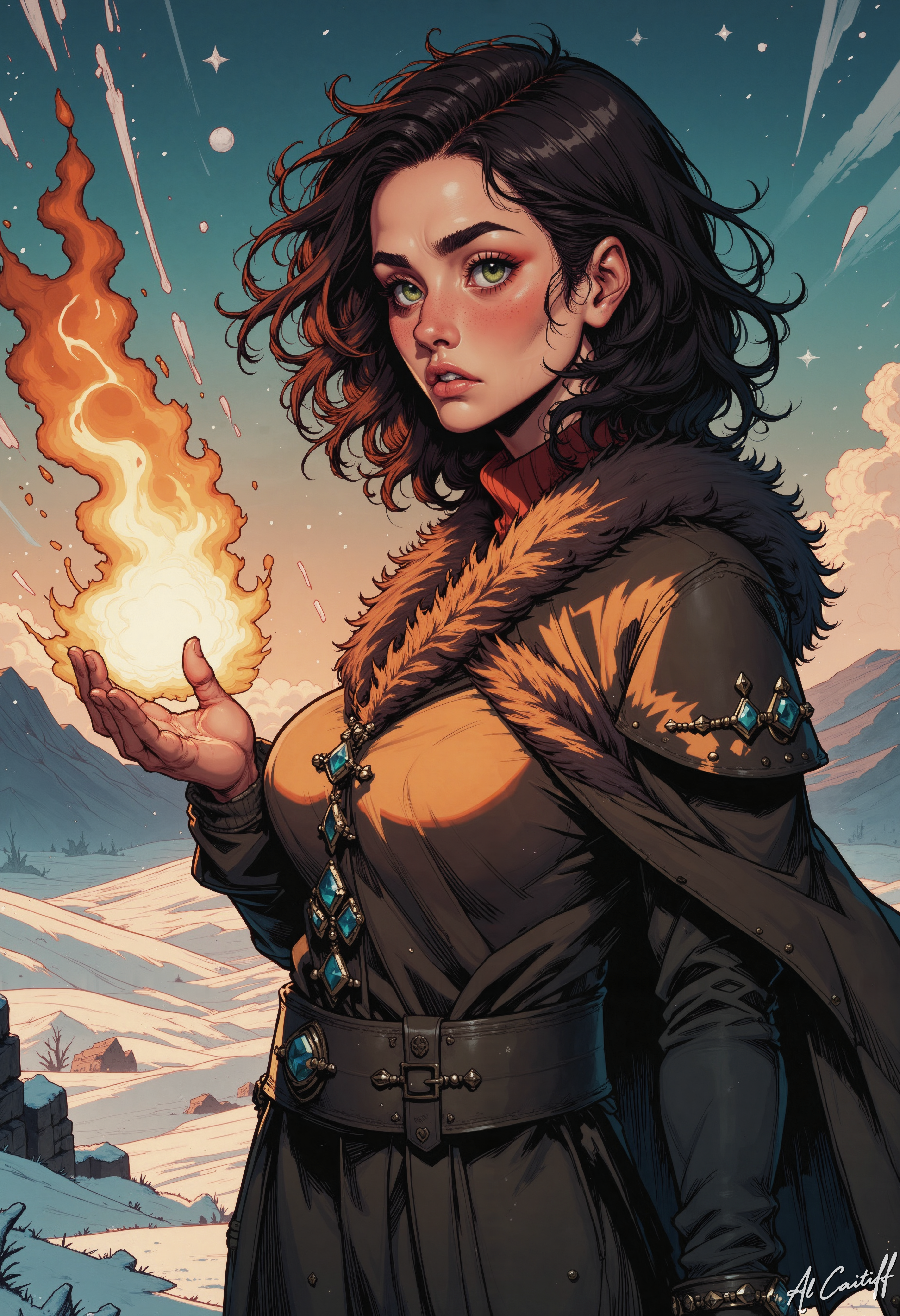 MysticComic, in this breathtaking, cinematic image, a striking young woman, her long, curly brown hair wild and unkempt, stands amidst a snowy battlefield, her piercing green eyes ablaze with intensity. She wears a luxurious, brown fur cloak, intricately adorned with silver brooches, cinched at the waist with a sturdy leather belt. Her gaze is fixed intently on a glowing, fiery orb, which she cradles in her outstretched hand.  As she raises her palm, the orb erupts into a blaze of fiery sparks, casting a warm, golden light across the frozen landscape. Snowflakes dance around her, their delicate forms illuminated by the fiery glow. The woman's face is set in a determined expression, her full lips pressed into a firm line.  The camera angle is a close-up, capturing the woman's face and the fiery orb in intimate detail. The lighting is soft and golden, with the fiery sparks casting a warm, orange glow across the scene. The style is reminiscent of a fantasy film, with a sense of epic scope and adventure. The woman's attire and the fiery orb suggest a world of magic and wonder, where the boundaries between reality and myth blur.<lora:CustomFlux/MysticComic-v3.safetensors:1.0:1.0>