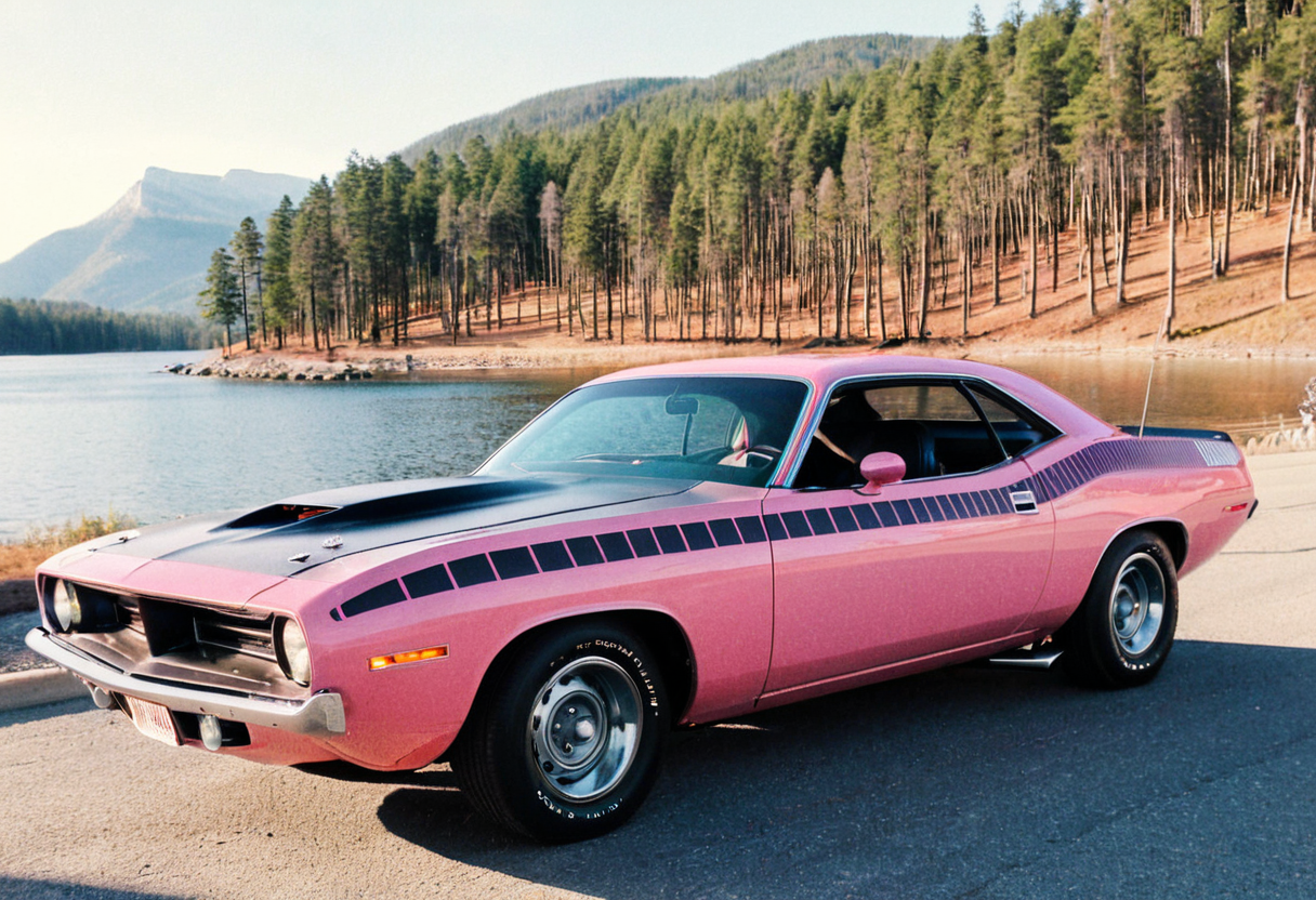 ClassicMuscleCar, pastel pink Plymouth Barracuda, side view, sunny, road, mountains, lakeside, pine trees, 4K, highly detailed, (stylish grainy analog 35mm film photo)